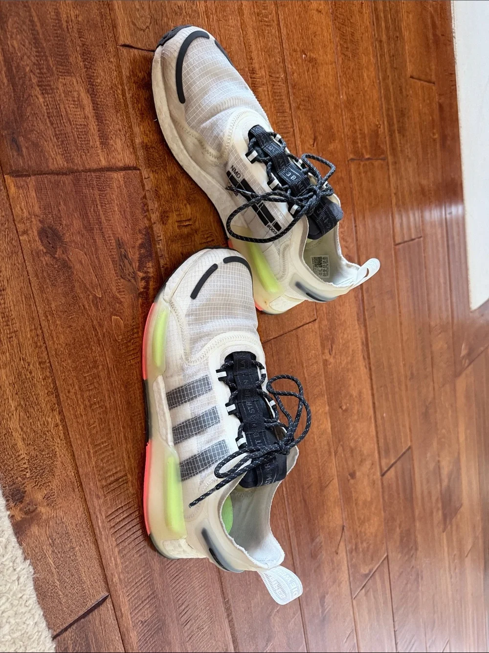 adidas White Sneakers with Black Stripes and Neon Green Accents